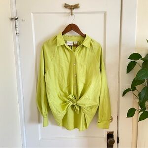 Laura Ashley Bright Green Linen Blend Button Up Blouse Large